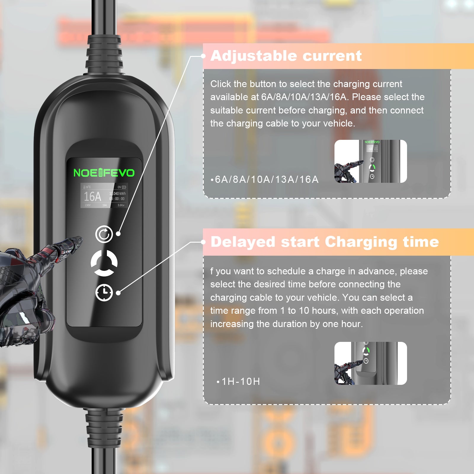 Noeifevo 11KW Auto Batterie Ladegerät, Typ2 auf CEE16A EV Ladegerät mit Haushaltsadapter , 5m/10/15m