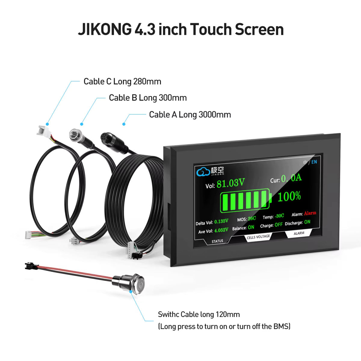 Akun näyttö 4,3 tuuman LCD TFT-näyttö – Jännitteen, virran, varaustilan (SOC) ja lämpötilan näyttö, kosketusnäyttö – Jikong BMS:lle (88,5 × 135,9 mm)