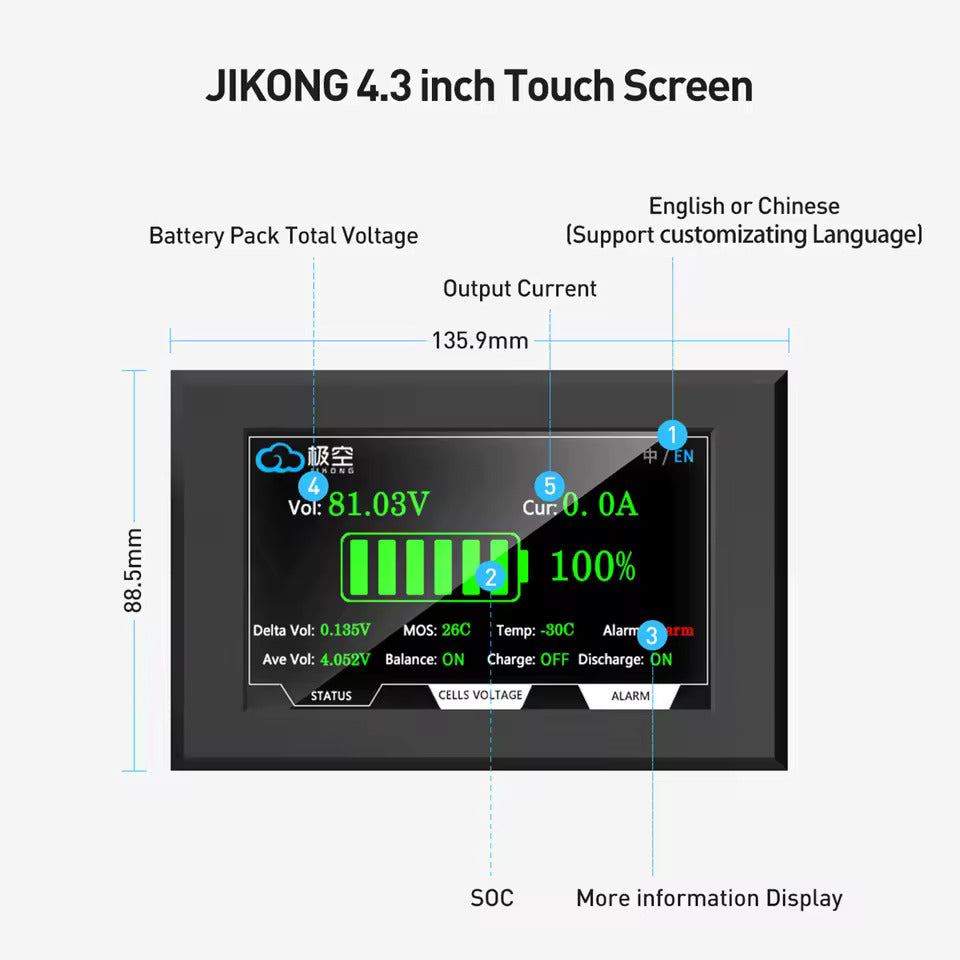 Akun näyttö 4,3 tuuman LCD TFT-näyttö – Jännitteen, virran, varaustilan (SOC) ja lämpötilan näyttö, kosketusnäyttö – Jikong BMS:lle (88,5 × 135,9 mm)
