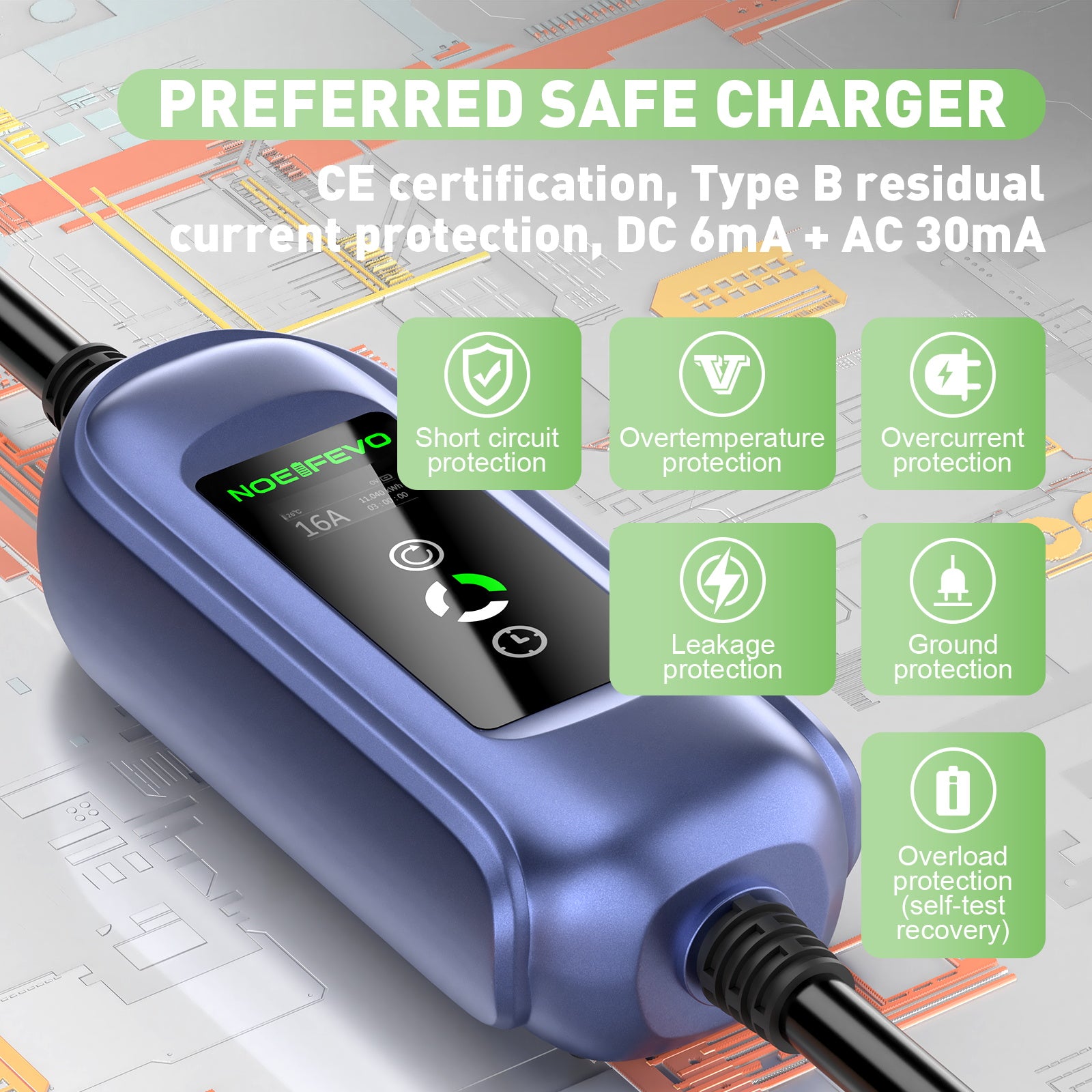 Noeifevo 11KW Mobil EV Wallbox, batteriladdare för alla fordon av typ 2, 5M/10M/15M, CEE16A