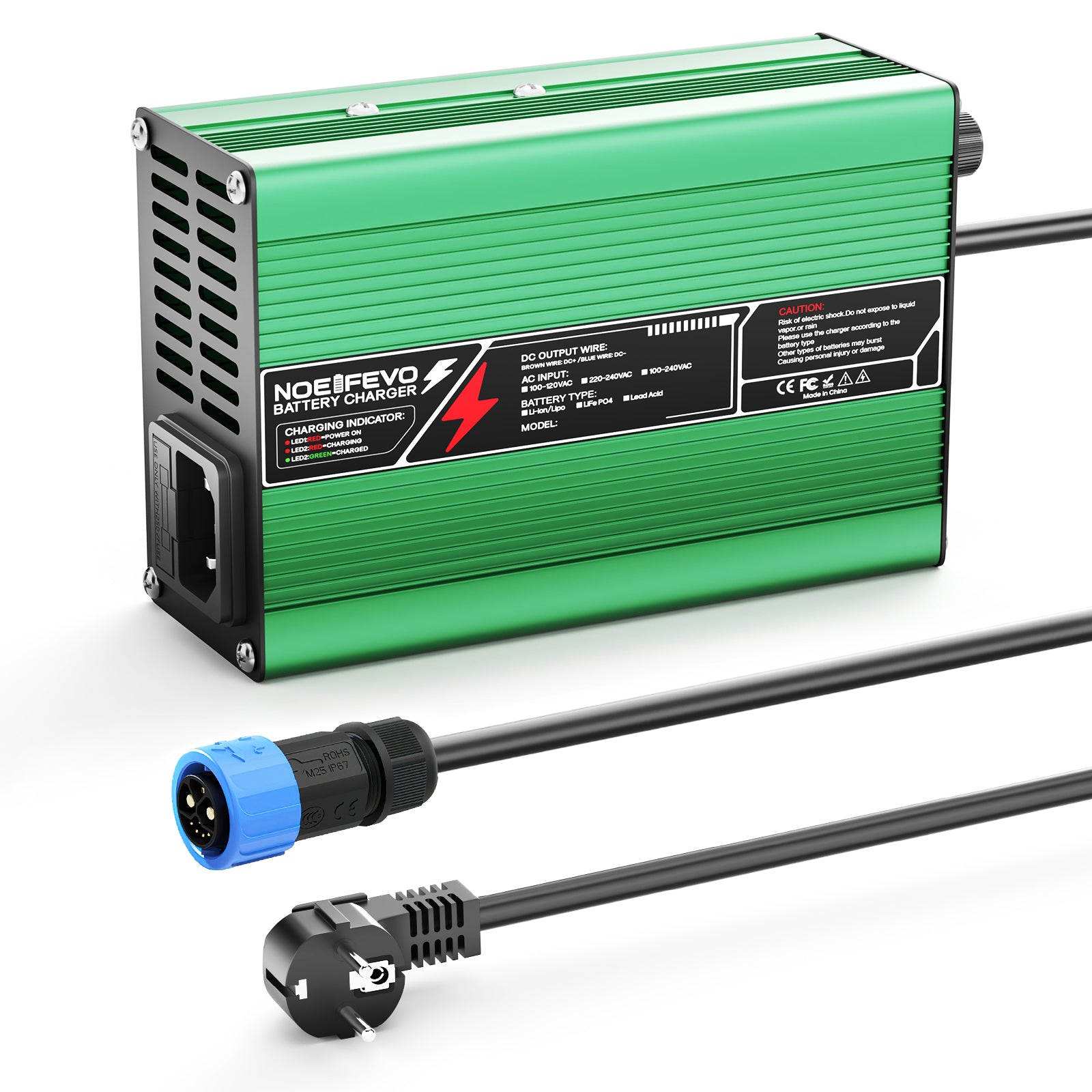 NOEIFEVO מטען ליתיום 21V  2A 3A 4A 5A עבור סוללות 5S 18.5V Li-Ion Lipo, מאוורר קירור, כיבוי אוטומטי (ירוק).