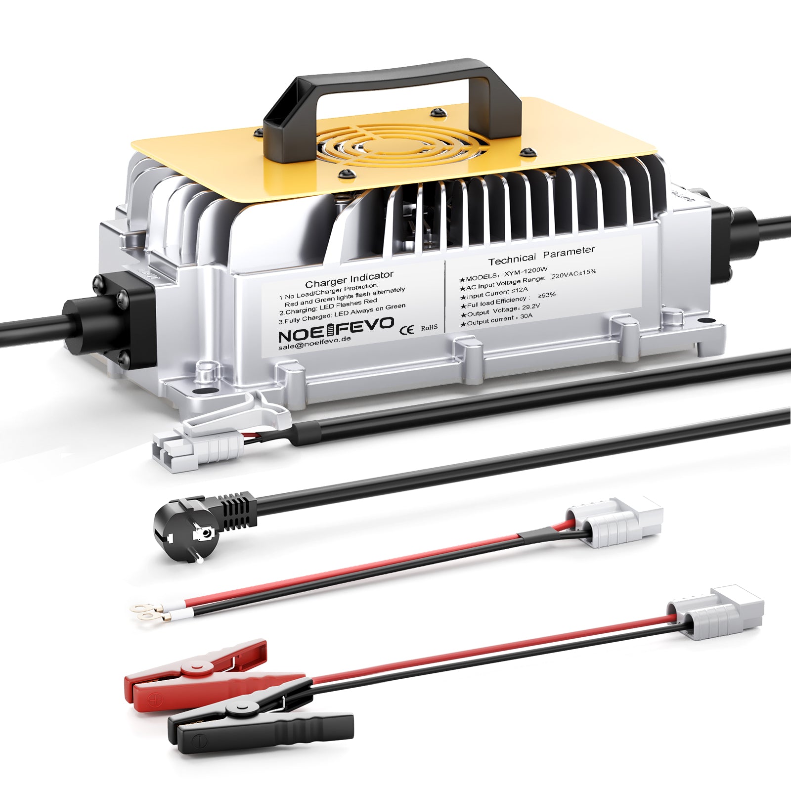 Noeifevo 29,2V 30A LiFePO4 batterioplader til 24V 25,6V lithiumbatteri, vandtæt, 0V BMS aktivering, automatisk nedlukning