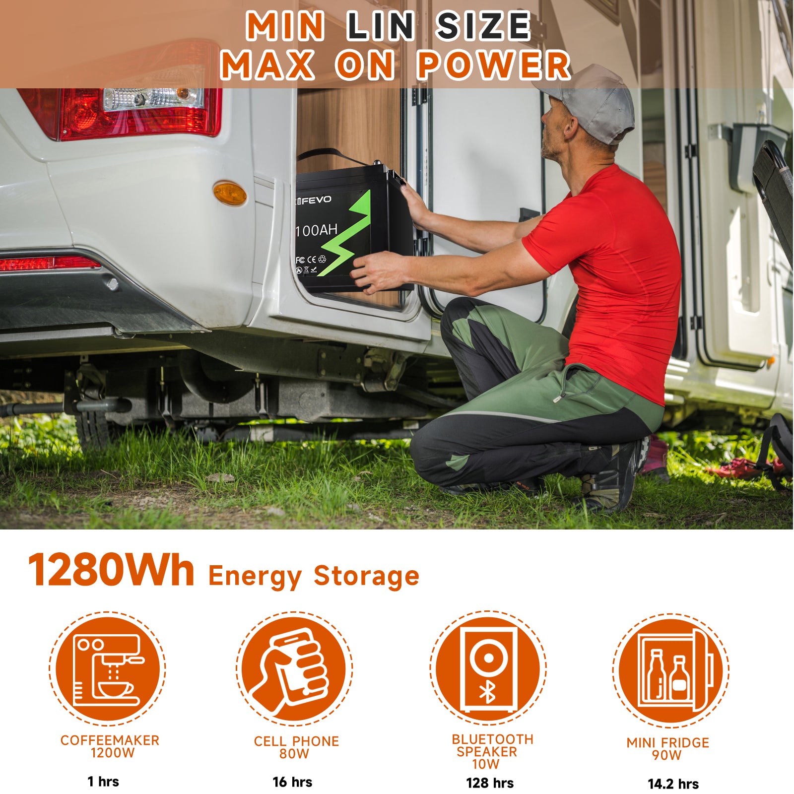 סוללת ליתיום NOEIFEVO 12.8V 100Ah LiFePO4, סוללת ליתיום 1280Wh עם BMS 100A, 4000+ מחזורי טעינה, עם מטען 14.6V 20A, מושלם כמקור כוח לקרוואנים, סירה.