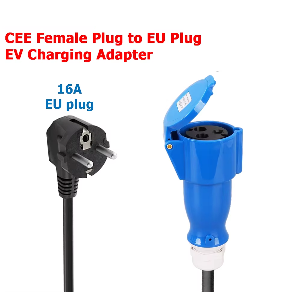 Adaptador de carga EV, de enchufe industrial CEE 32A azul a enchufe Schuko para electrodomésticos, para cargadores EV de 7kW 32A.