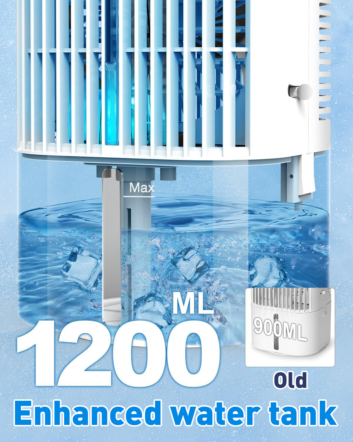 Mobilní klimatizace 4 v 1, úsporný mini ochlazovač vzduchu s velkou nádrží na vodu (1200 ml), 3stupňové odpařovací chlazení, 7barevné LED osvětlení, časovač a nízká hlučnost pro home office a ložnici