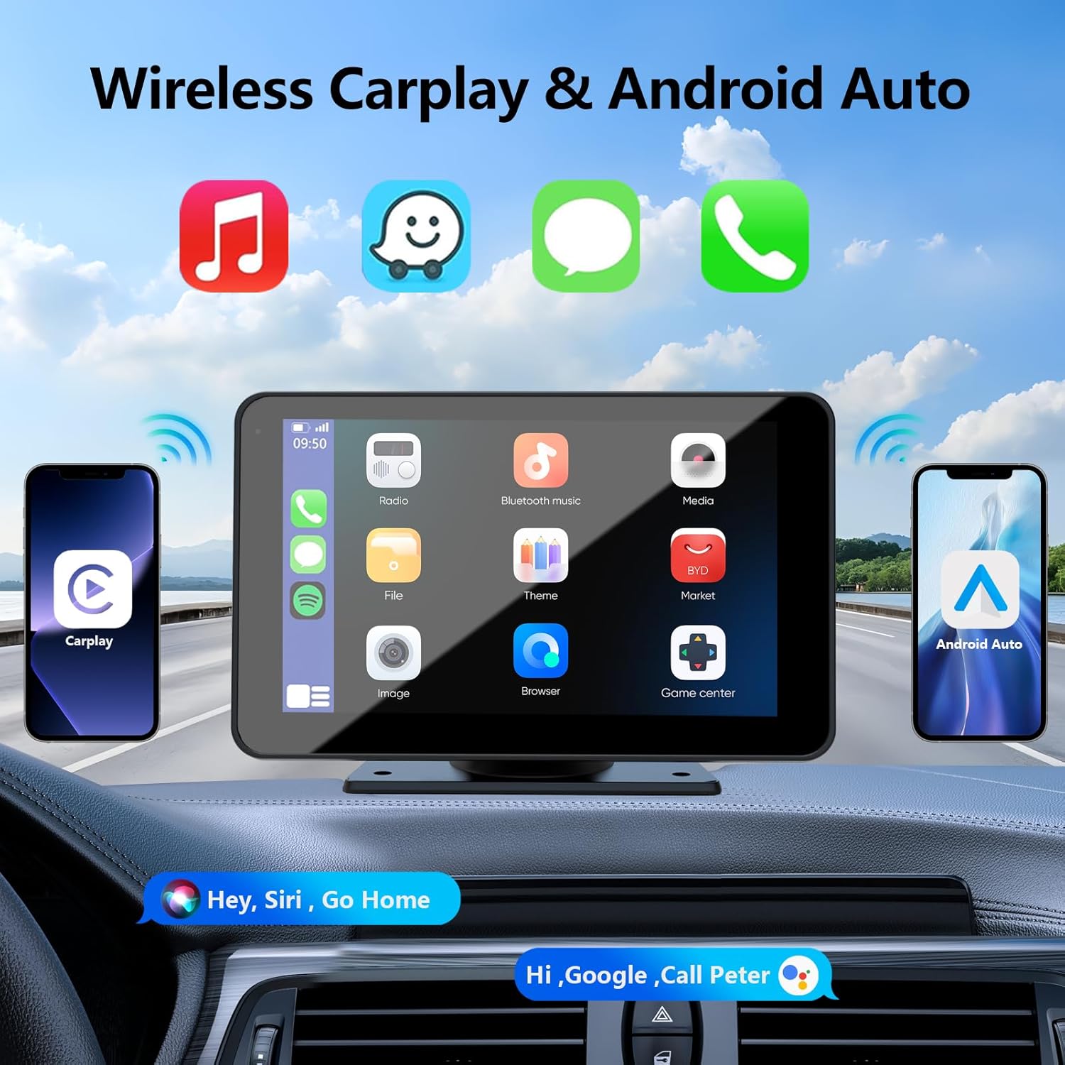 CarPlay senza fili per veicoli, stereo portatile per auto con touchscreen HD da 7", Apple CarPlay, Android Auto, telecamera posteriore, ricevitore audio per auto con controllo vocale, Mirror Link, Bluetooth, navigazione GPS