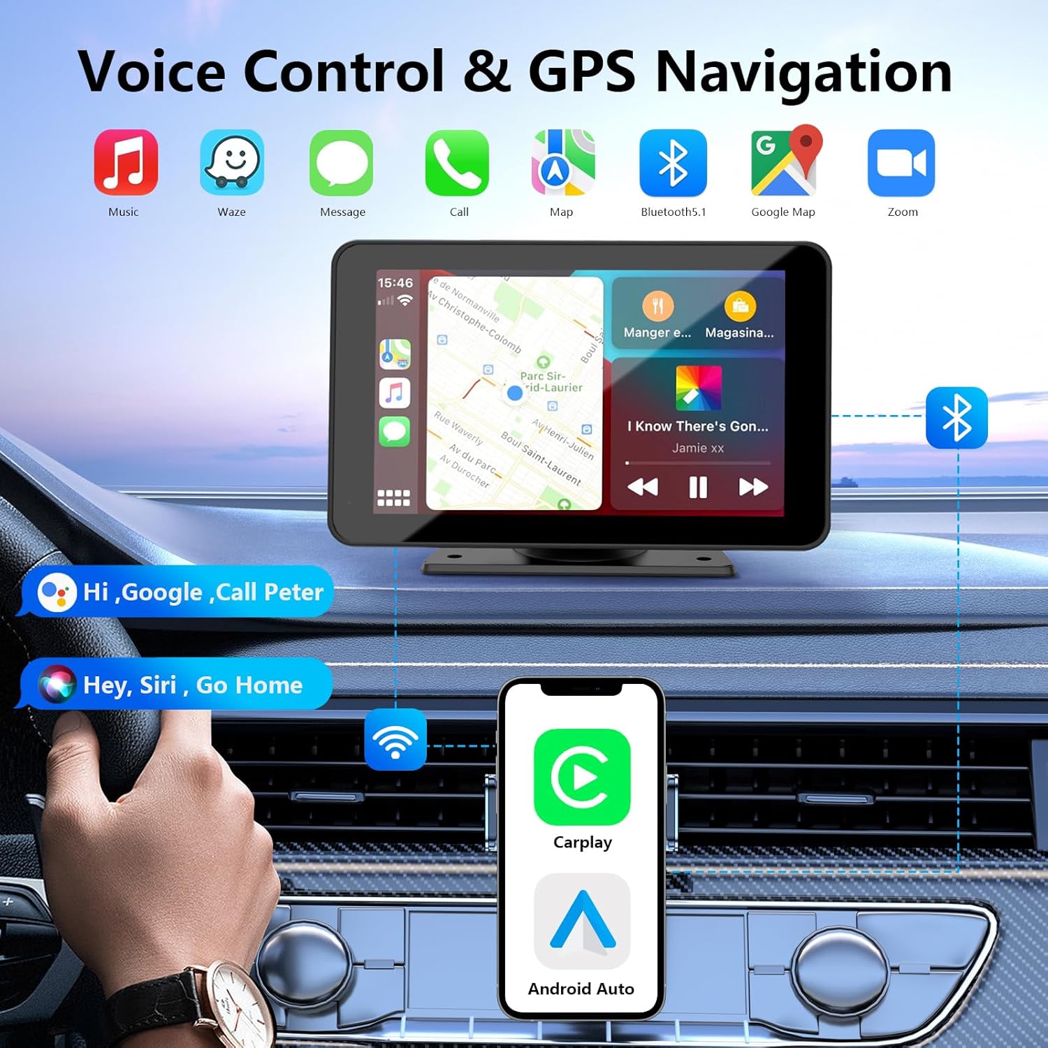 CarPlay senza fili per veicoli, stereo portatile per auto con touchscreen HD da 7", Apple CarPlay, Android Auto, telecamera posteriore, ricevitore audio per auto con controllo vocale, Mirror Link, Bluetooth, navigazione GPS