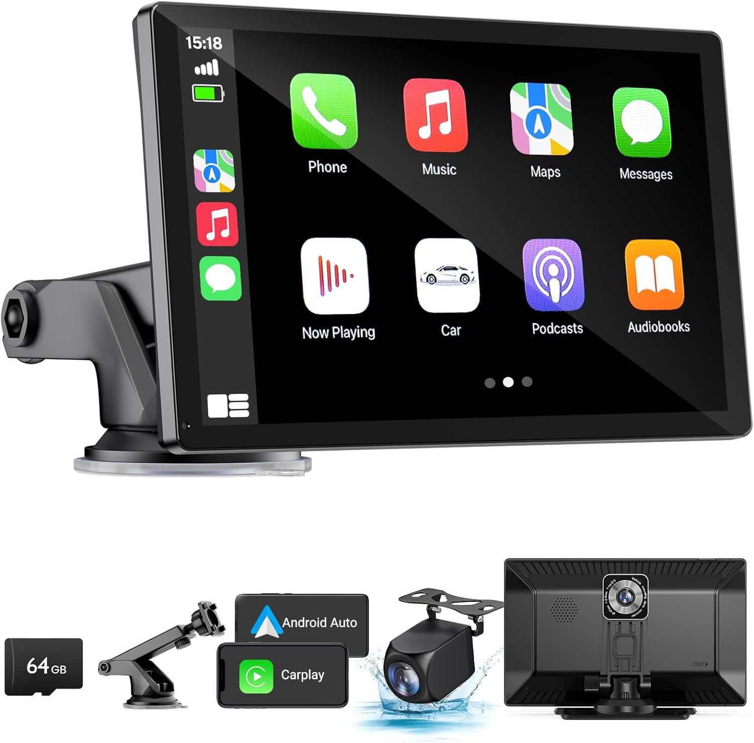 NOEIFEVO Draadloos Carplay-scherm voor auto's met 4K Dashcam, 9" draagbare Apple Carplay & Android Auto autoradio, met 1080p achteruitrijcamera, GPS-navigatie/Mirror Link/spraakbesturing/Bluetooth.