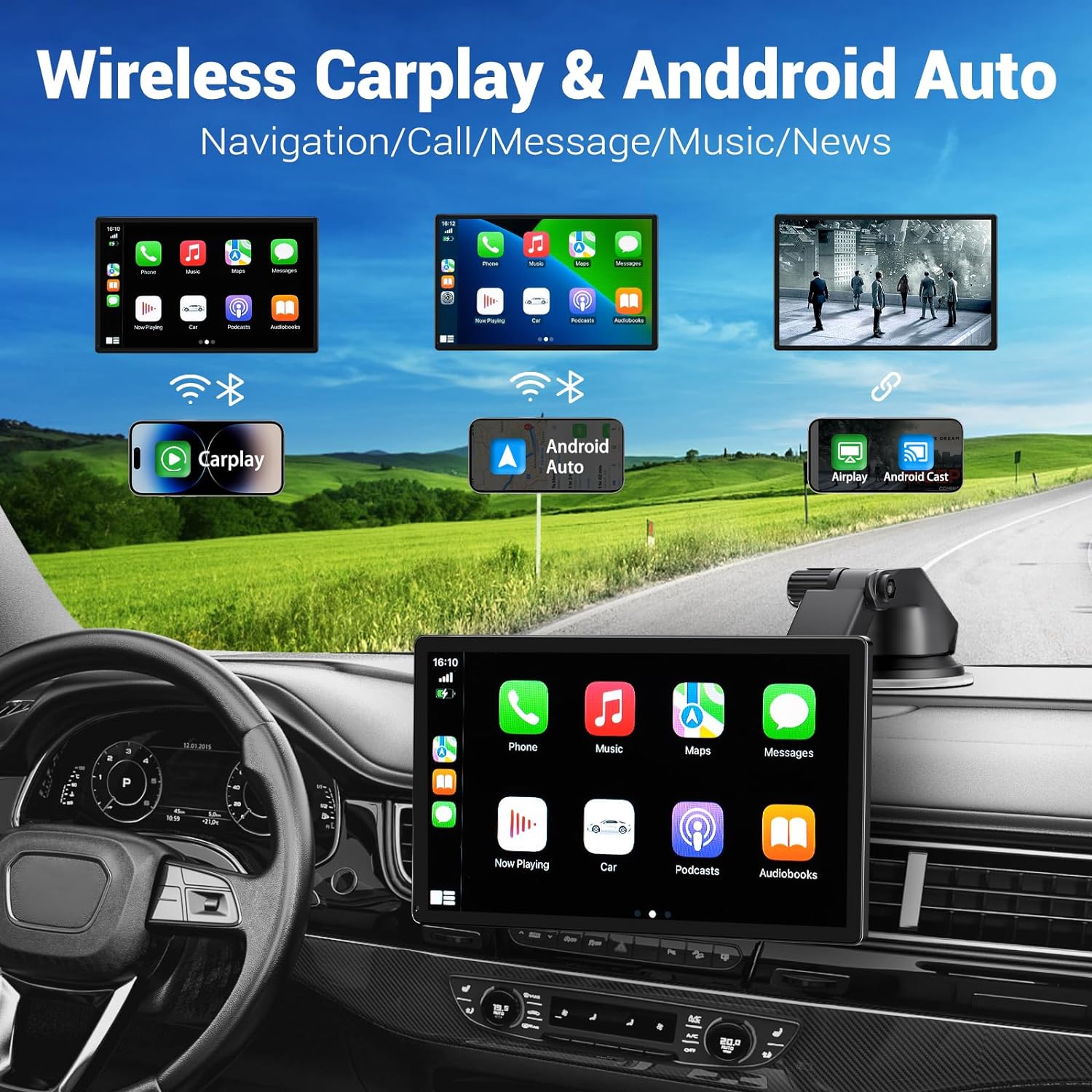 NOEIFEVO Schermo Carplay Wireless per auto con Dashcam 4K, autoradio portatile Apple Carplay & Android Auto da 9", con telecamera posteriore 1080p, navigazione GPS/Mirror Link/controllo vocale/Bluetooth.