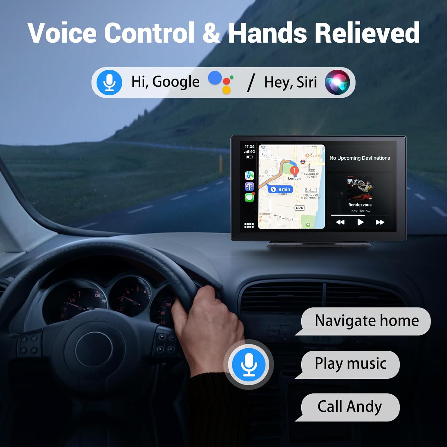 NOEIFEVO Bezprzewodowy ekran Carplay do samochodów z kamerą 4K Dashcam, 9" przenośne radio samochodowe Apple Carplay i Android Auto, z kamerą tylnej widoczności 1080p, nawigacją GPS/Mirror Link/sterowanie głosowe/Bluetooth.