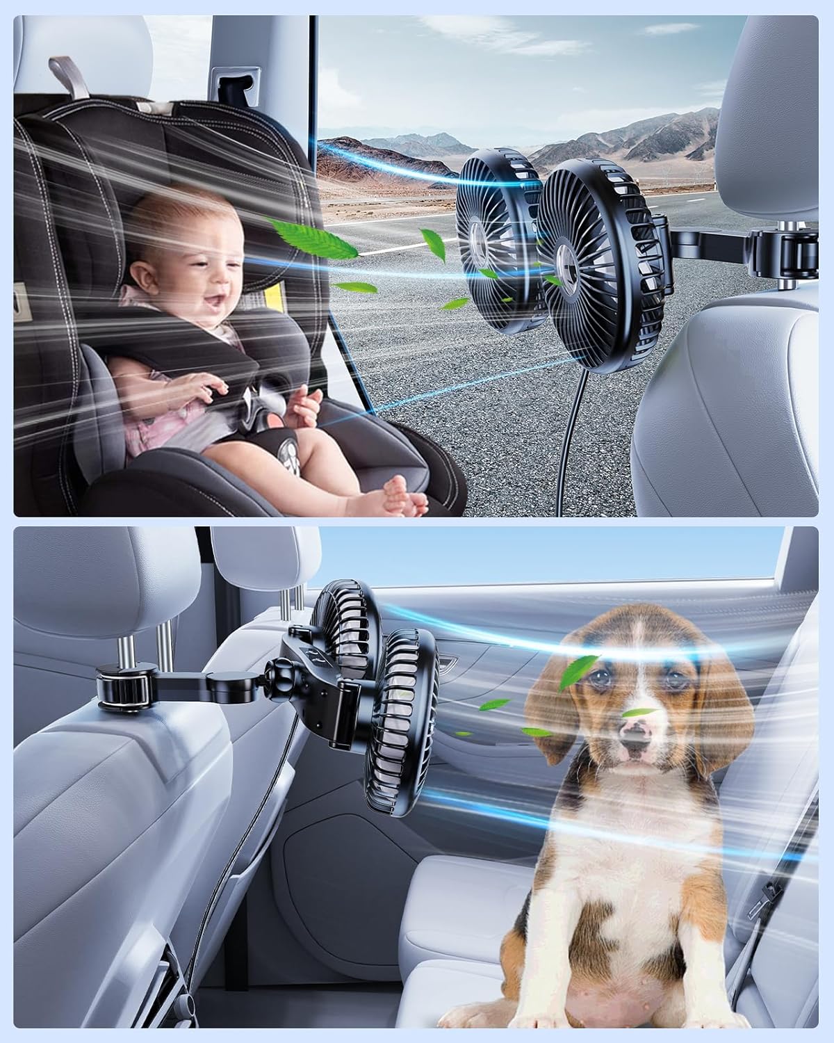 Auton tuuletin takapenkille, 360° kääntyvä auton istuintuuletin, 3 nopeutta erikseen säädettävä ajoneuvotuuletin, USB-autotuuletin kaikille ajoneuvoille, maastoautoille ja kuorma-autoille