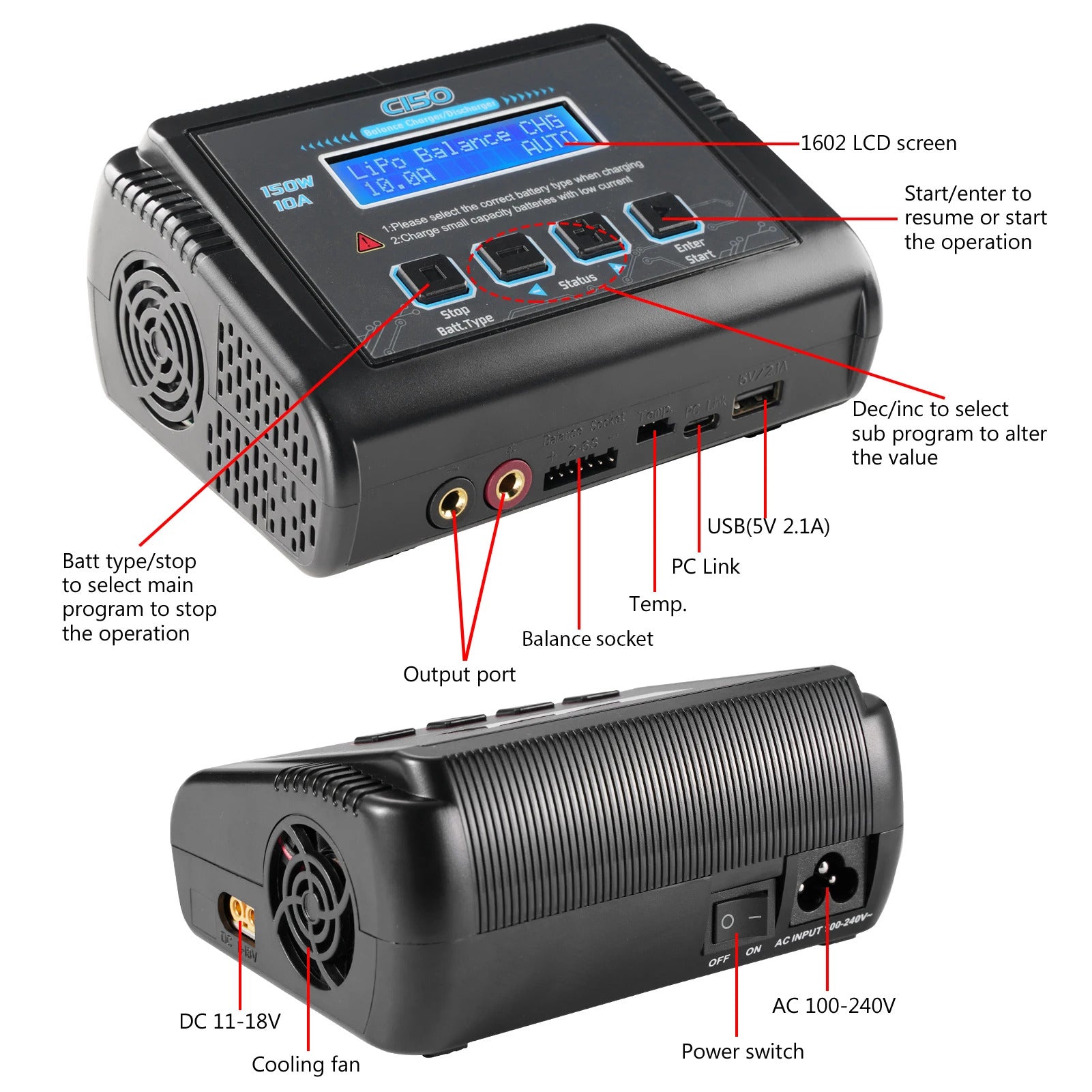 NOEIFEVO C150 AC/DC 150W 10A RC Balance Ładowarka i Rozładowarka do Akumulatorów LiPo, LiHV, LiFe, LiIon, NiCd, NiMh, Pb