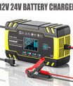 12V 8A / 24V 4A bilbatterioplader, pulserende reparationsoplader til alle 12V og 24V blysyre-, AGM-, GEL- og dybcyklusbatterier