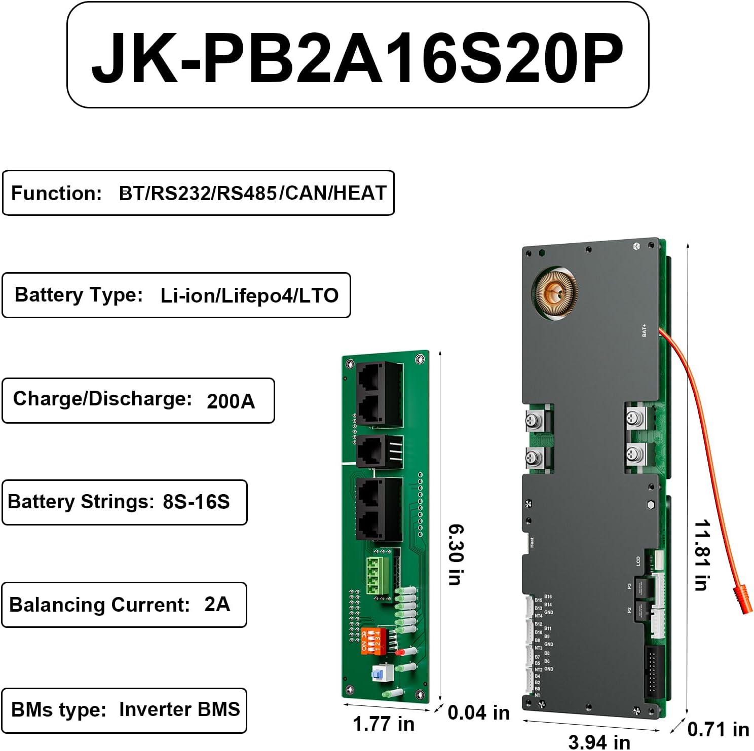 BMS 8S–16S 24V–48V 200A Domácí bateriový systém s aktivním vyvažováním 2A, vestavěným Bluetooth a komunikací RS485/CAN pro solární systémy