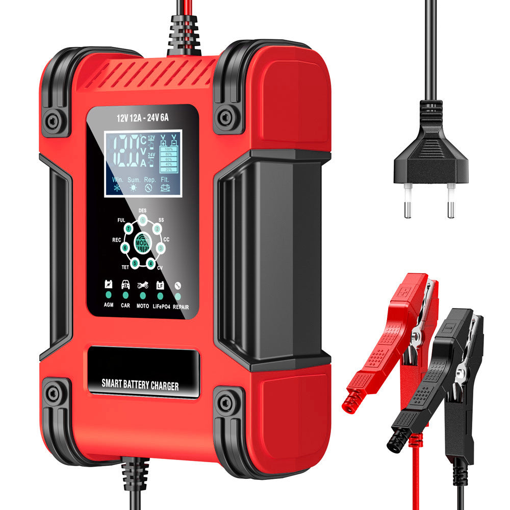 Ładowarka do akumulatorów samochodowych, 12V 12A / 24V 6A akumulator kwasowo-ołowiowy AGM LiFePO4, ładowarka pojazdowa, 7-stopniowa inteligentna ładowarka z wyświetlaczem LED do samochodów, ciężarówek, motocykli, kosiarek do trawy