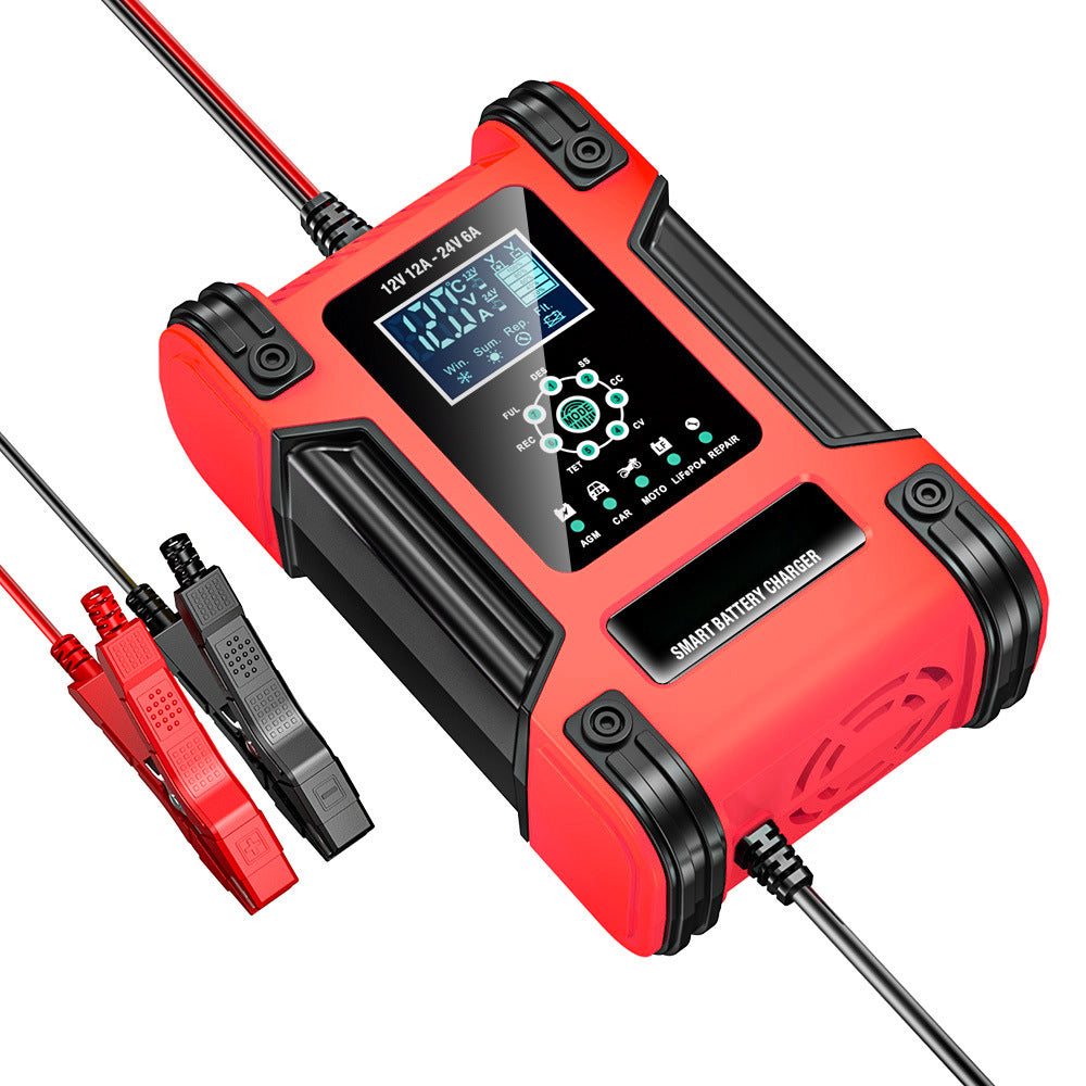 Ładowarka do akumulatorów samochodowych, 12V 12A / 24V 6A akumulator kwasowo-ołowiowy AGM LiFePO4, ładowarka pojazdowa, 7-stopniowa inteligentna ładowarka z wyświetlaczem LED do samochodów, ciężarówek, motocykli, kosiarek do trawy