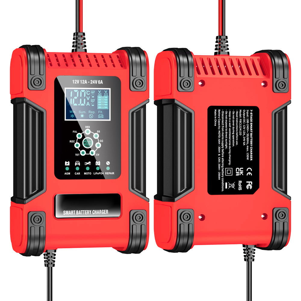 Ładowarka do akumulatorów samochodowych, 12V 12A / 24V 6A akumulator kwasowo-ołowiowy AGM LiFePO4, ładowarka pojazdowa, 7-stopniowa inteligentna ładowarka z wyświetlaczem LED do samochodów, ciężarówek, motocykli, kosiarek do trawy