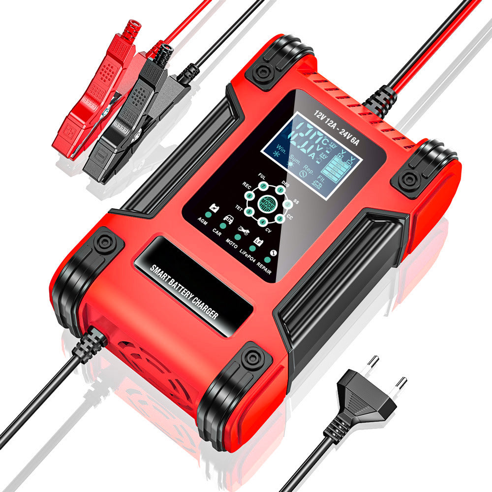 Ładowarka do akumulatorów samochodowych, 12V 12A / 24V 6A akumulator kwasowo-ołowiowy AGM LiFePO4, ładowarka pojazdowa, 7-stopniowa inteligentna ładowarka z wyświetlaczem LED do samochodów, ciężarówek, motocykli, kosiarek do trawy