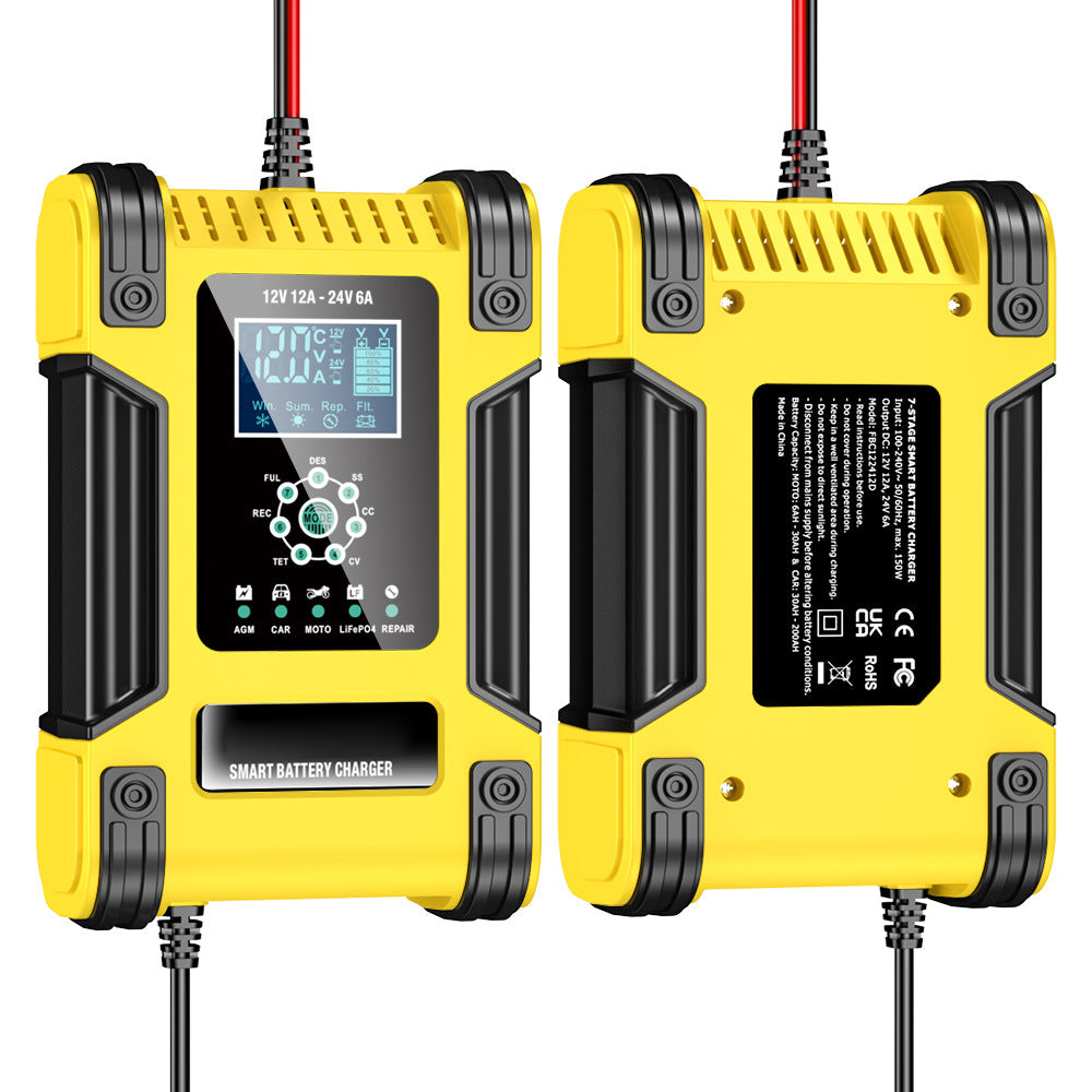 Ładowarka do akumulatorów samochodowych, 12V 12A / 24V 6A akumulator kwasowo-ołowiowy AGM LiFePO4, ładowarka pojazdowa, 7-stopniowa inteligentna ładowarka z wyświetlaczem LED do samochodów, ciężarówek, motocykli, kosiarek do trawy