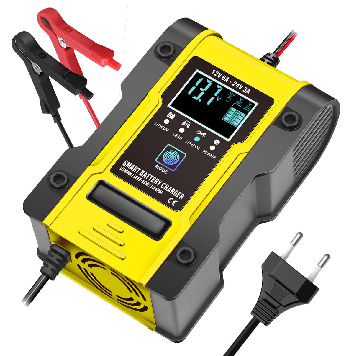 12V 6A / 24V 3A Auto- og motorcykelbatterioplader, intelligent multifunktions reparationsoplader med temperaturregistrering til blysyre-, AGM-, gel-, dybcyklus-, lithium- og LiFePO4-batterier.