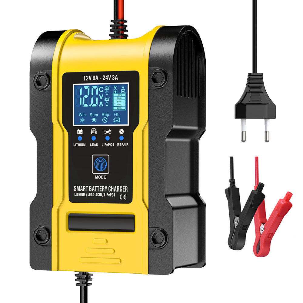 12V 6A / 24V 3A Auto- og motorcykelbatterioplader, intelligent multifunktions reparationsoplader med temperaturregistrering til blysyre-, AGM-, gel-, dybcyklus-, lithium- og LiFePO4-batterier.