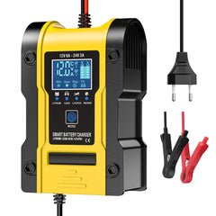 12V 6A / 24V 3A Auto- og motorcykelbatterioplader, intelligent multifunktions reparationsoplader med temperaturregistrering til blysyre-, AGM-, gel-, dybcyklus-, lithium- og LiFePO4-batterier.
