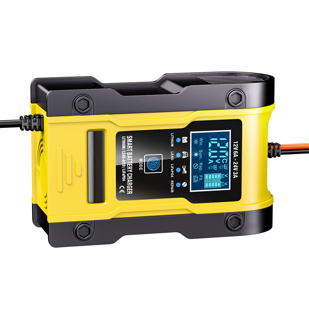 12V 6A / 24V 3A Auto- og motorcykelbatterioplader, intelligent multifunktions reparationsoplader med temperaturregistrering til blysyre-, AGM-, gel-, dybcyklus-, lithium- og LiFePO4-batterier.