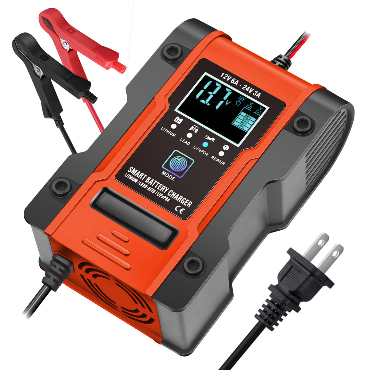 12V 6A / 24V 3A Auto- og motorcykelbatterioplader, intelligent multifunktions reparationsoplader med temperaturregistrering til blysyre-, AGM-, gel-, dybcyklus-, lithium- og LiFePO4-batterier.