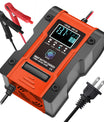 12V 6A / 24V 3A Auto- og motorcykelbatterioplader, intelligent multifunktions reparationsoplader med temperaturregistrering til blysyre-, AGM-, gel-, dybcyklus-, lithium- og LiFePO4-batterier.