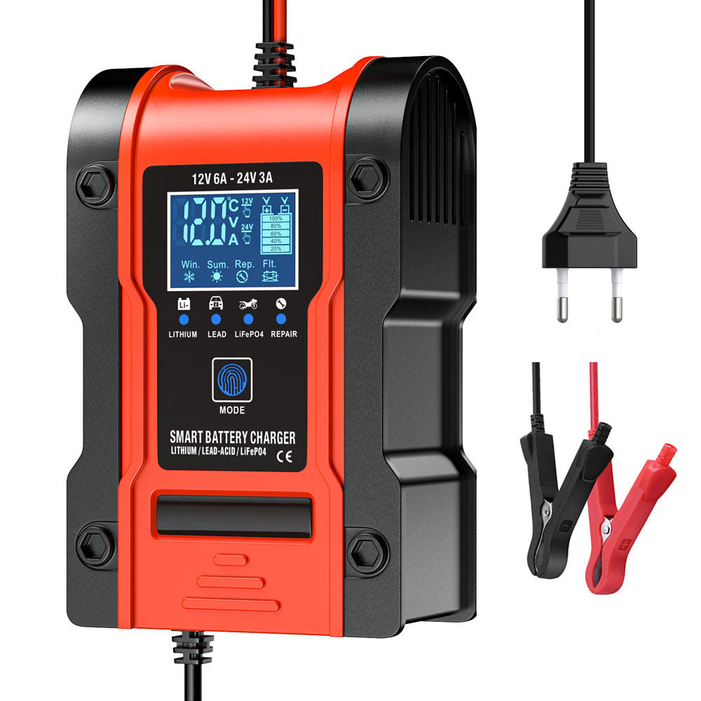 12V 6A / 24V 3A Auto- og motorcykelbatterioplader, intelligent multifunktions reparationsoplader med temperaturregistrering til blysyre-, AGM-, gel-, dybcyklus-, lithium- og LiFePO4-batterier.