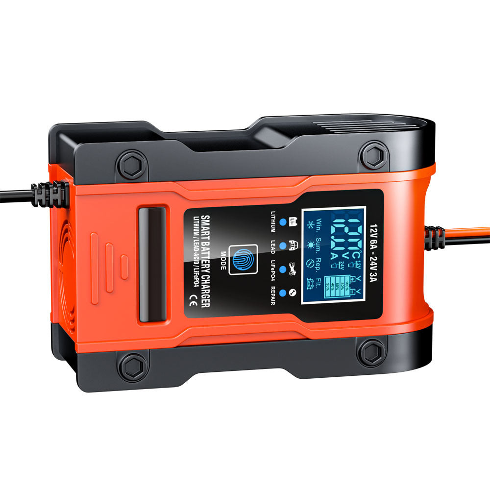 12V 6A / 24V 3A Auto- og motorcykelbatterioplader, intelligent multifunktions reparationsoplader med temperaturregistrering til blysyre-, AGM-, gel-, dybcyklus-, lithium- og LiFePO4-batterier.