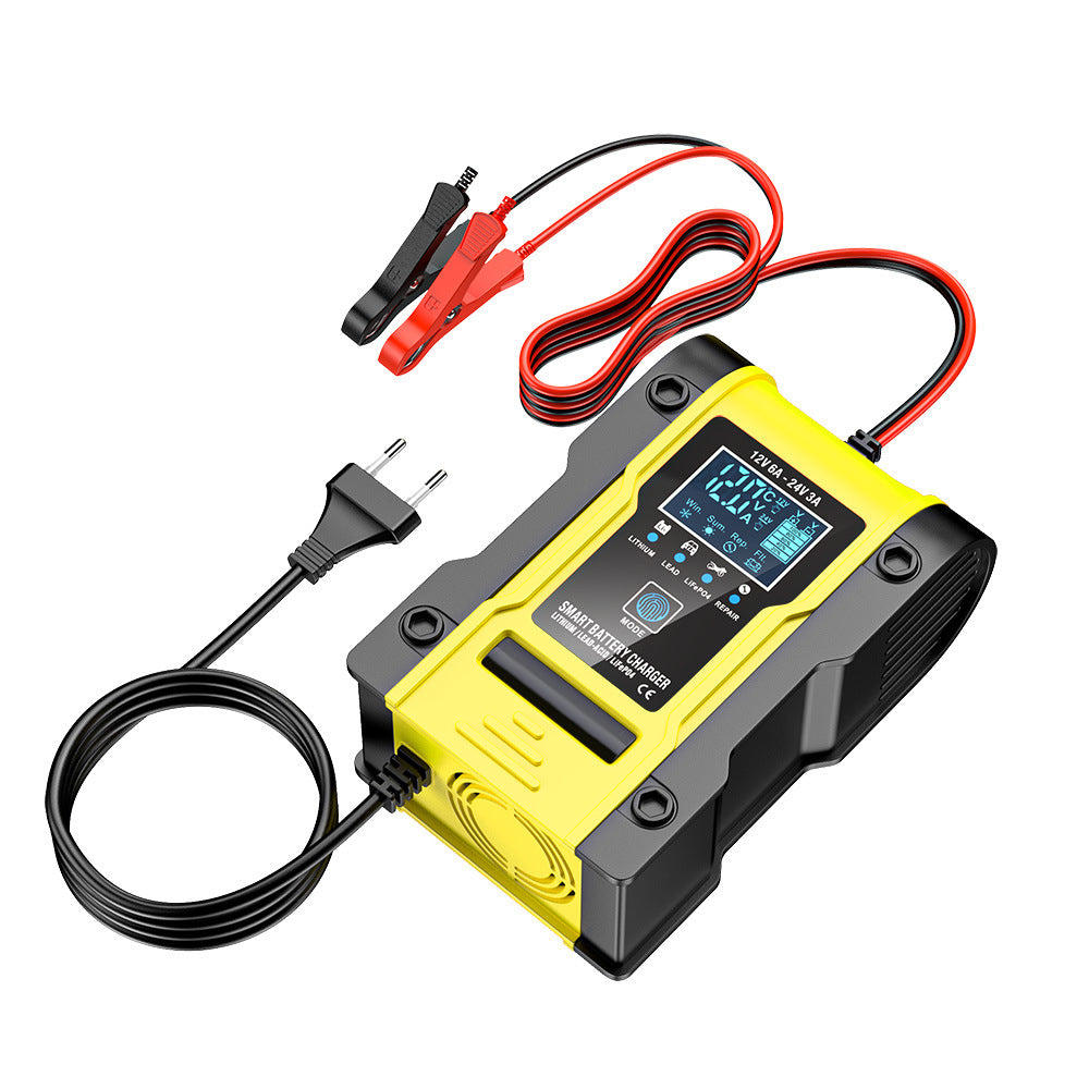 12V 6A / 24V 3A Auto- og motorcykelbatterioplader, intelligent multifunktions reparationsoplader med temperaturregistrering til blysyre-, AGM-, gel-, dybcyklus-, lithium- og LiFePO4-batterier.