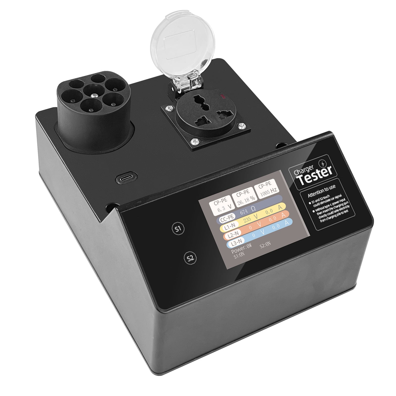 Type-2 EV-laadstation tester met LED-display – 32A kortstondige belasting, S1/S2 voertuigsignaal-simulatie, IP54, voor EU-standaard laadpunten