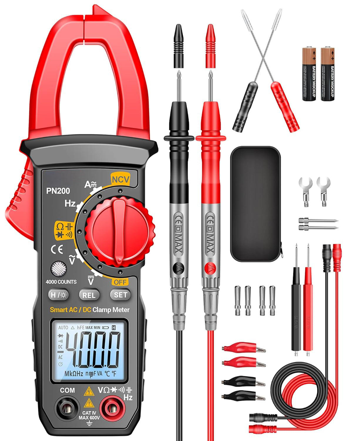 Stroomtang-multimeter, 4000 counts TRMS met automatische bereikselectie, meet AC/DC-stroom, spanning, weerstand, capaciteit, continuïteit en heeft contactloze spanningsdetectie
