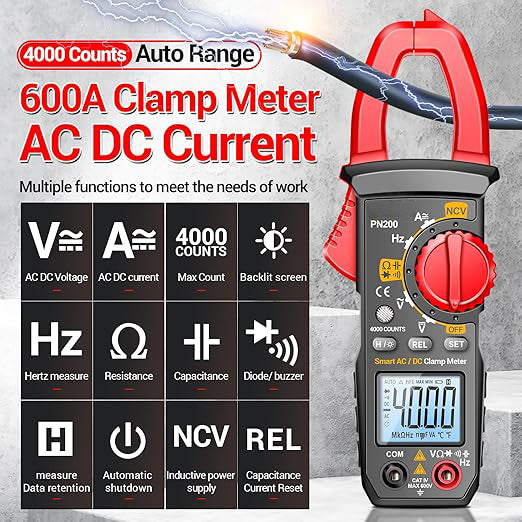 Stroomtang-multimeter, 4000 counts TRMS met automatische bereikselectie, meet AC/DC-stroom, spanning, weerstand, capaciteit, continuïteit en heeft contactloze spanningsdetectie