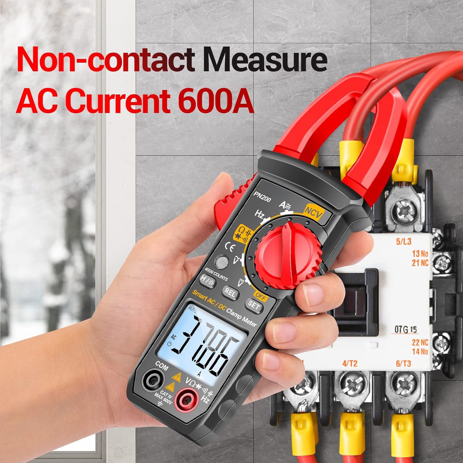 Stroomtang-multimeter, 4000 counts TRMS met automatische bereikselectie, meet AC/DC-stroom, spanning, weerstand, capaciteit, continuïteit en heeft contactloze spanningsdetectie