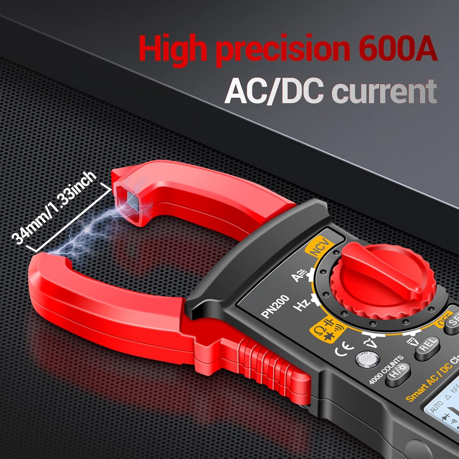 Stroomtang-multimeter, 4000 counts TRMS met automatische bereikselectie, meet AC/DC-stroom, spanning, weerstand, capaciteit, continuïteit en heeft contactloze spanningsdetectie