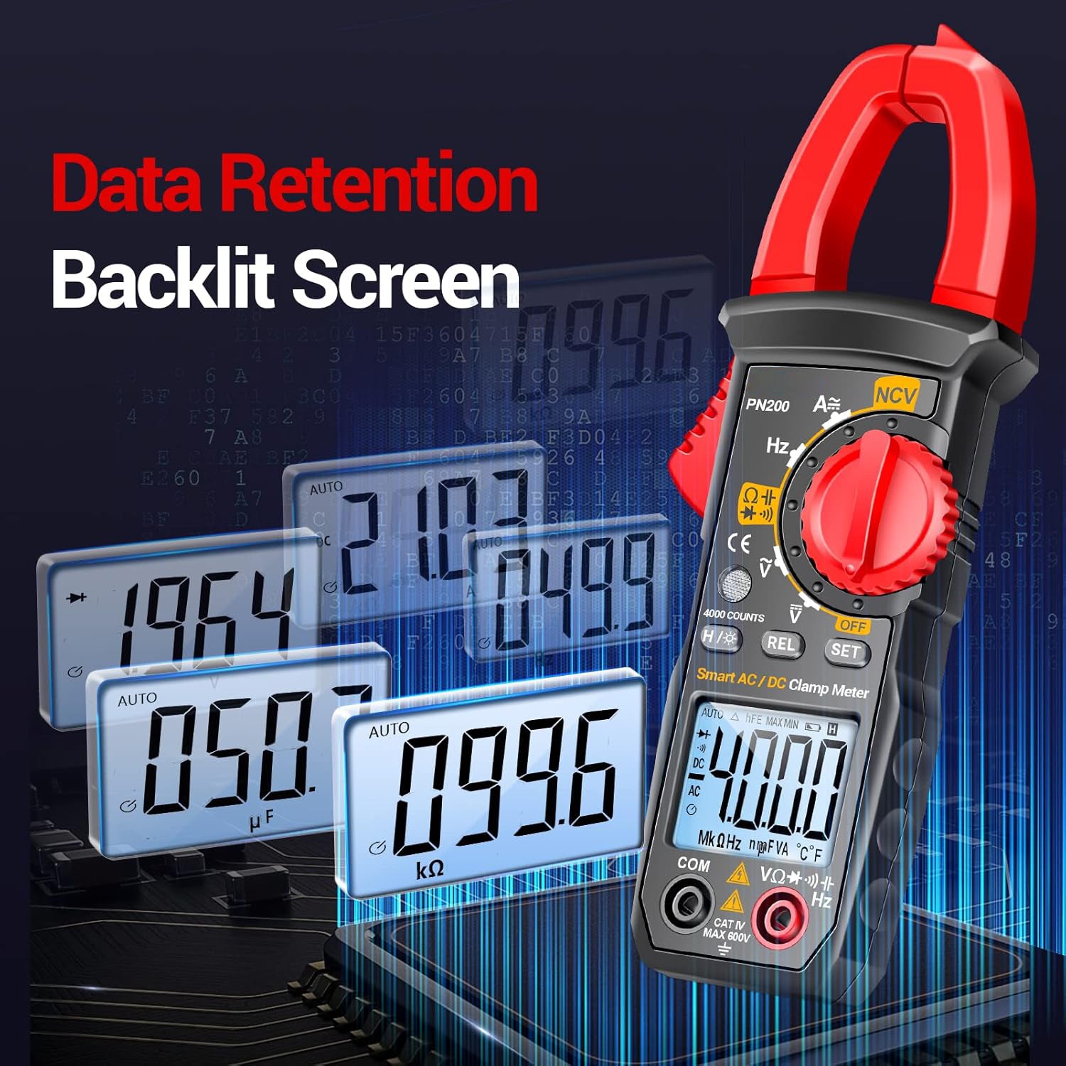 Stroomtang-multimeter, 4000 counts TRMS met automatische bereikselectie, meet AC/DC-stroom, spanning, weerstand, capaciteit, continuïteit en heeft contactloze spanningsdetectie