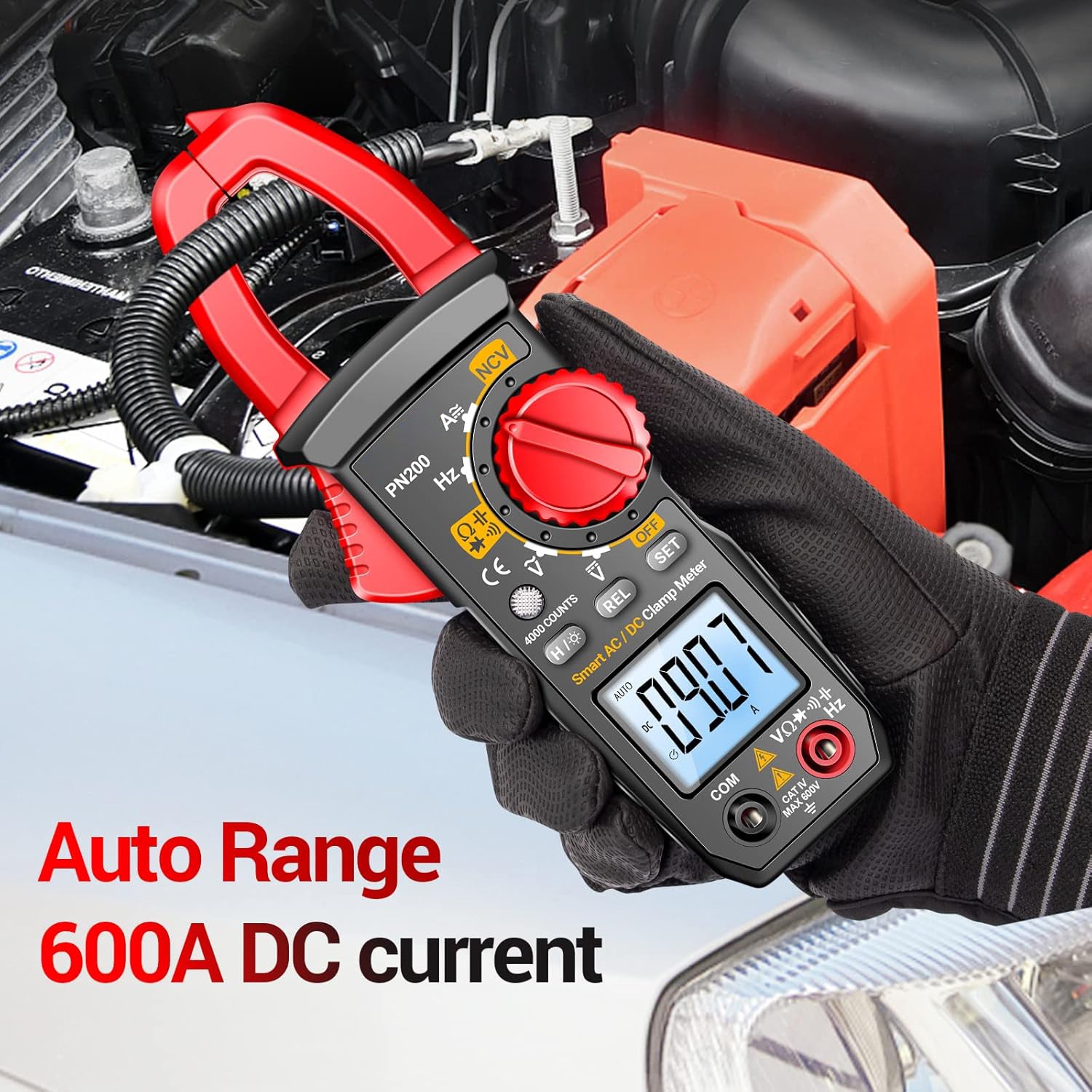Stroomtang-multimeter, 4000 counts TRMS met automatische bereikselectie, meet AC/DC-stroom, spanning, weerstand, capaciteit, continuïteit en heeft contactloze spanningsdetectie