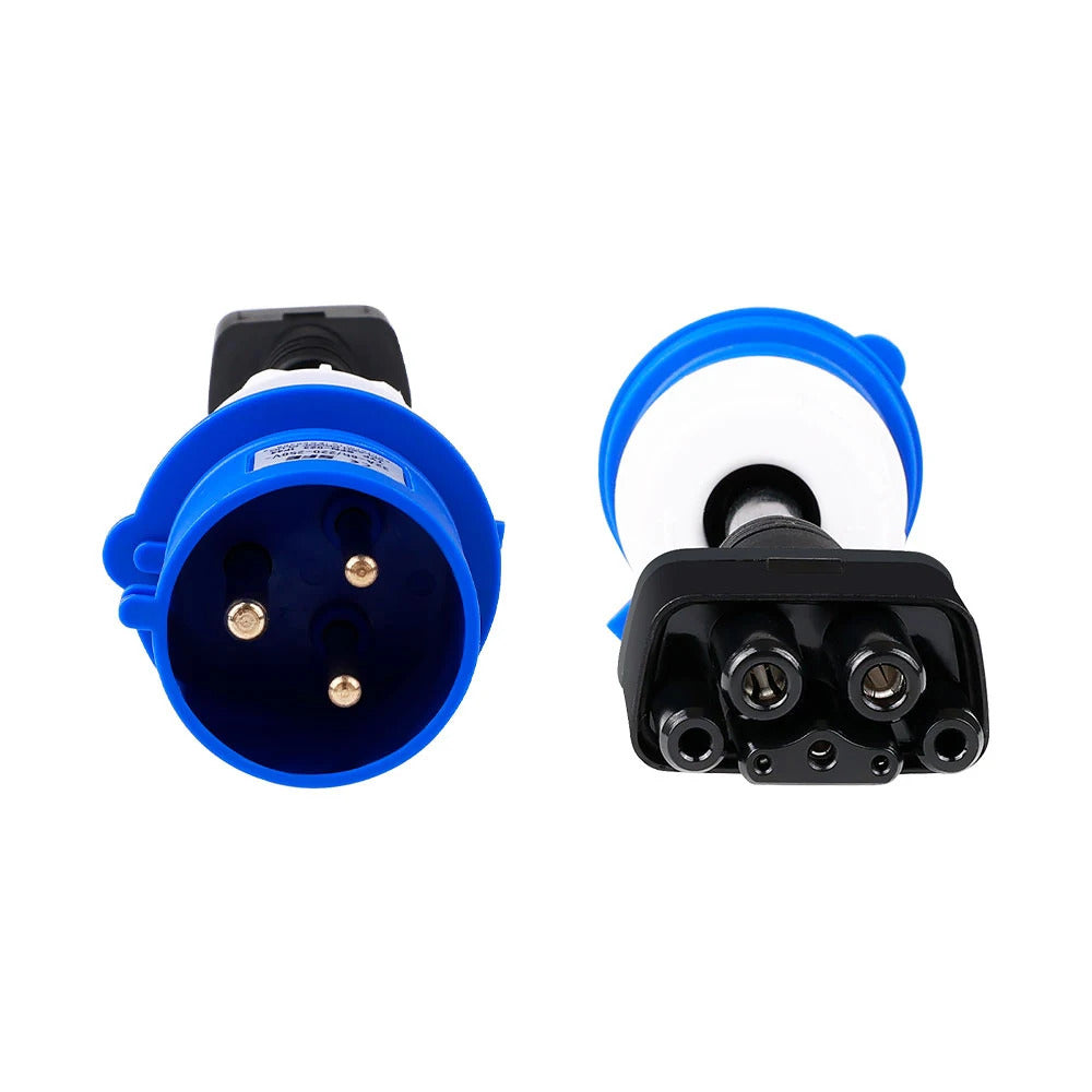 Adapter zasilania niebieski jednofazowy CEE32A, kompatybilny z Tesla Model X, S, Y oraz ładowarką EV drugiej generacji.