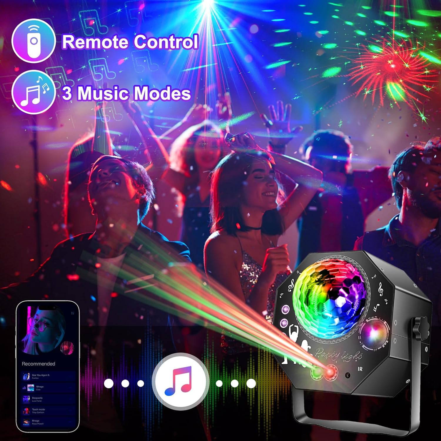 4-in-1-discobal – feestlicht met 64 patronen, op muziek reagerende discolamp met afstandsbediening, RGB-uv-stroboscoop voor thuis, bar, club, buiten en verjaardagsfeesten