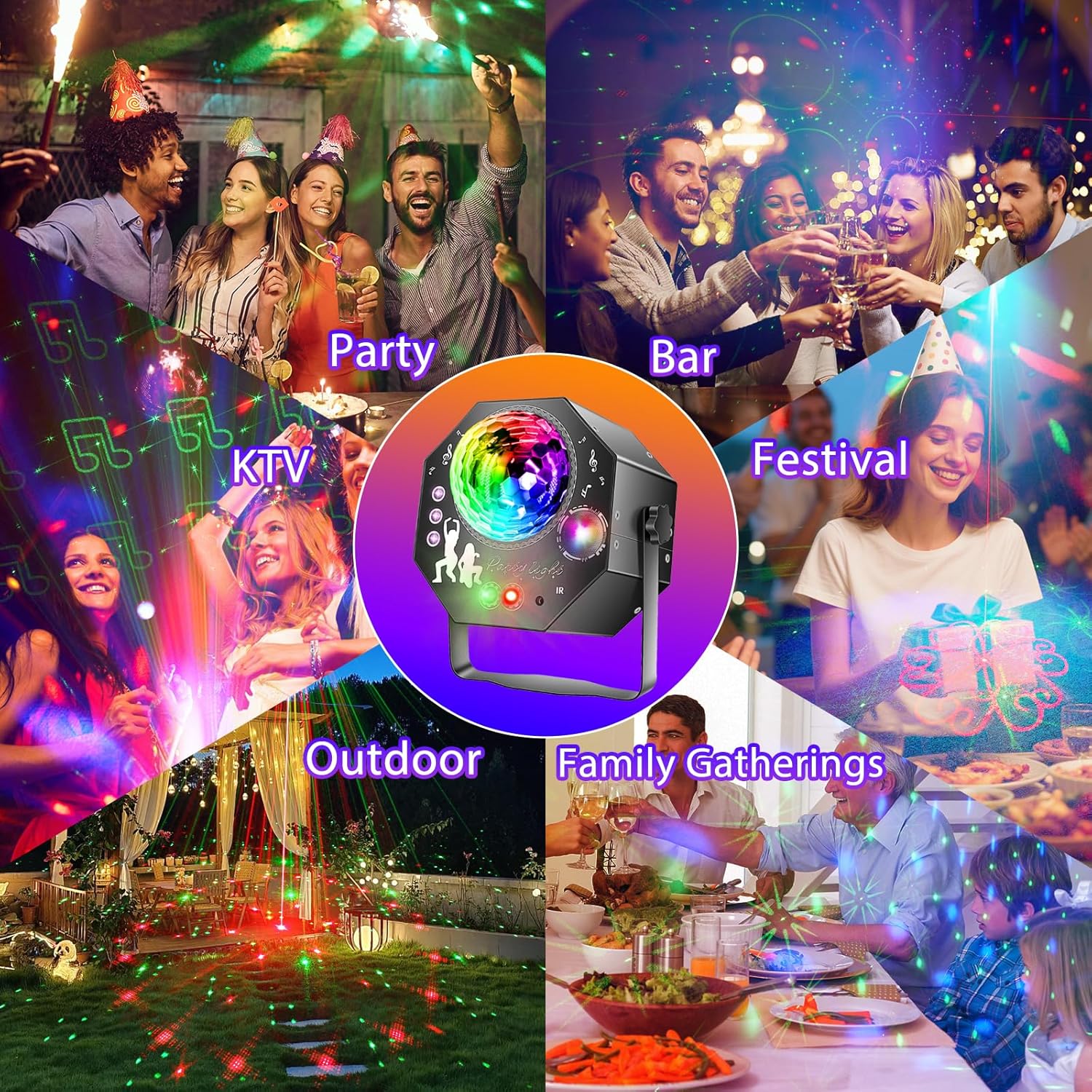 4-in-1-discobal – feestlicht met 64 patronen, op muziek reagerende discolamp met afstandsbediening, RGB-uv-stroboscoop voor thuis, bar, club, buiten en verjaardagsfeesten