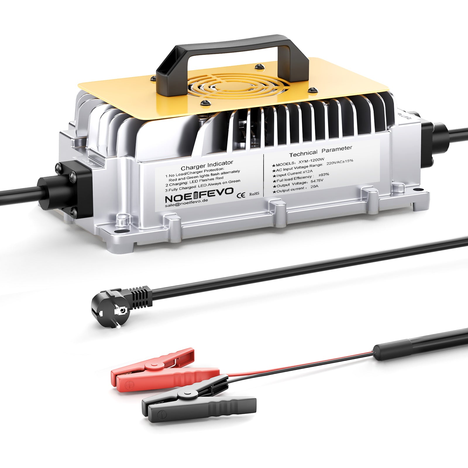 NOEIFEVO 54.75V 20A LiFePO4 batteriladdare för 48V 15S litiumbatteri, vattentät, 0V BMS aktivering, automatisk avstängning
​