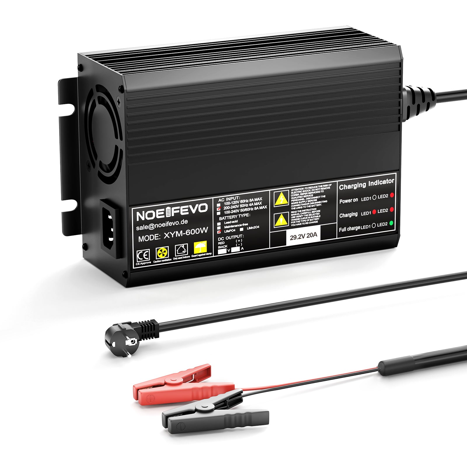 Noeifevo 29,2 V 20 A LiFePO4 akkulaturi 24 V 25,6 V litiumakulle, 0 V BMS aktivointi, automaattinen sammutus täydellä suojalla