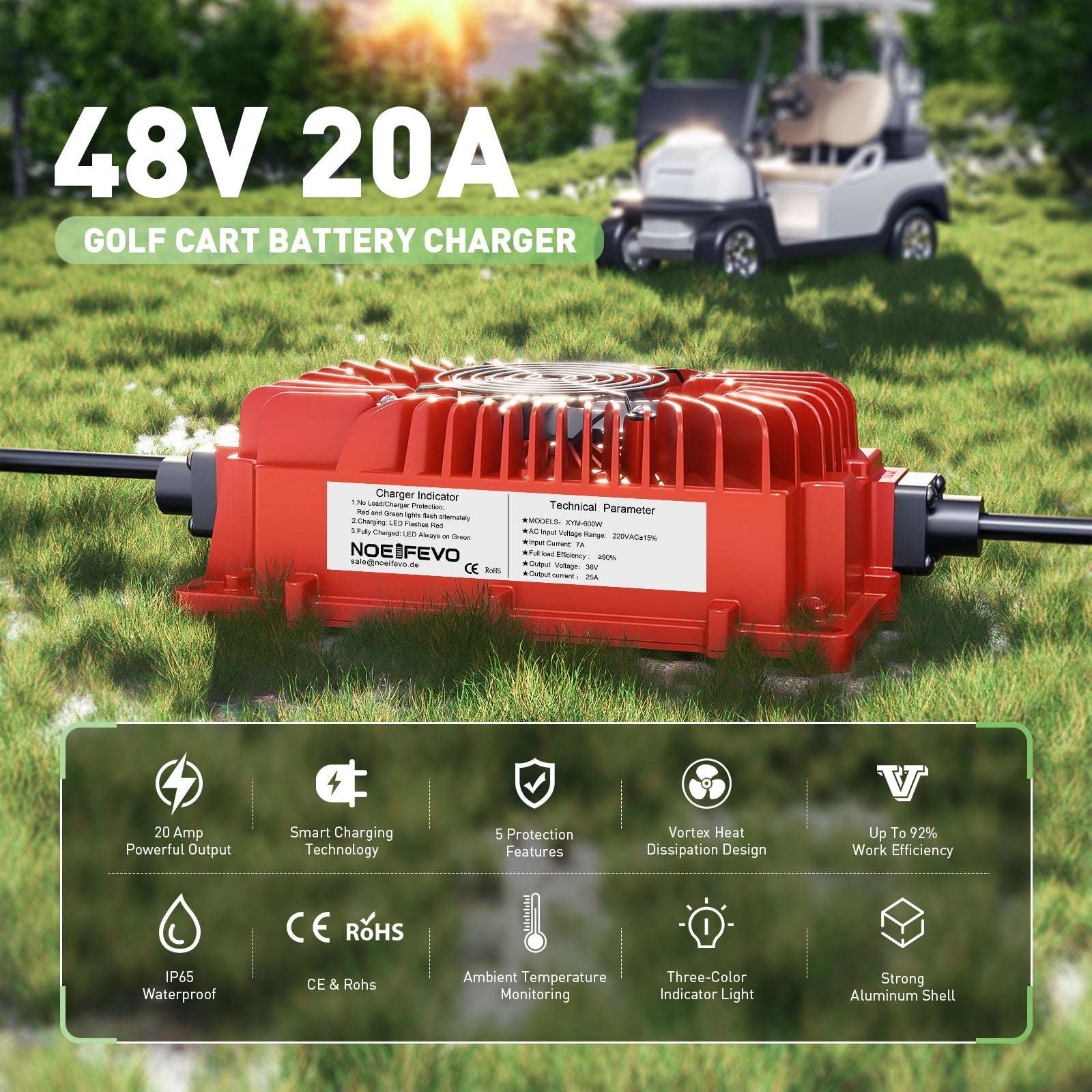  NOEIFEVO 48V 20A Caricabatteria per carrello da golf con spina EZGO RXV e TXT per batterie al piombo acido, AGM, gel