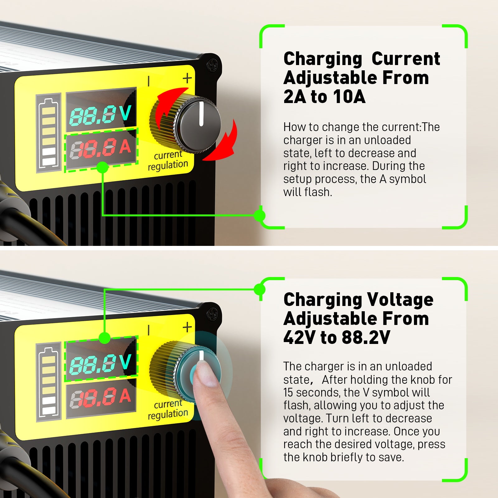 NOEIFEVO 10A Prúd 42V-88,2V Napätie Nastaviteľné Li-ion LiFePO4 Lítiová nabíjačka Pre 36V 48V 60V 72V 84V batériu