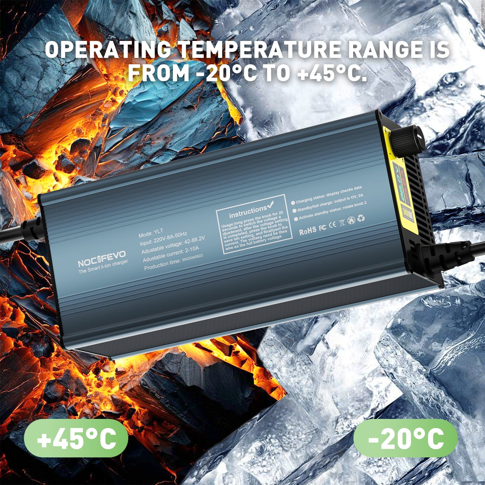 NOEIFEVO 10A Strøm 42V-88,2V Spænding Justerbar Li-Ion LiFePO4 Lithium-Lader til 36V 48V 60V 72V 84V Batteri