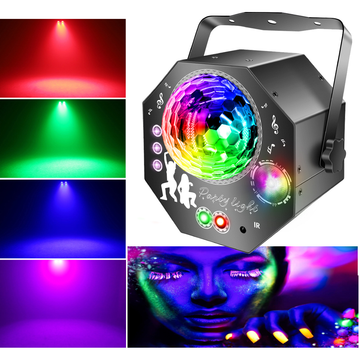4-in-1-discobal – feestlicht met 64 patronen, op muziek reagerende discolamp met afstandsbediening, RGB-uv-stroboscoop voor thuis, bar, club, buiten en verjaardagsfeesten