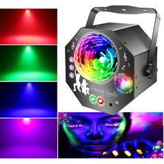 4-in-1-discobal – feestlicht met 64 patronen, op muziek reagerende discolamp met afstandsbediening, RGB-uv-stroboscoop voor thuis, bar, club, buiten en verjaardagsfeesten