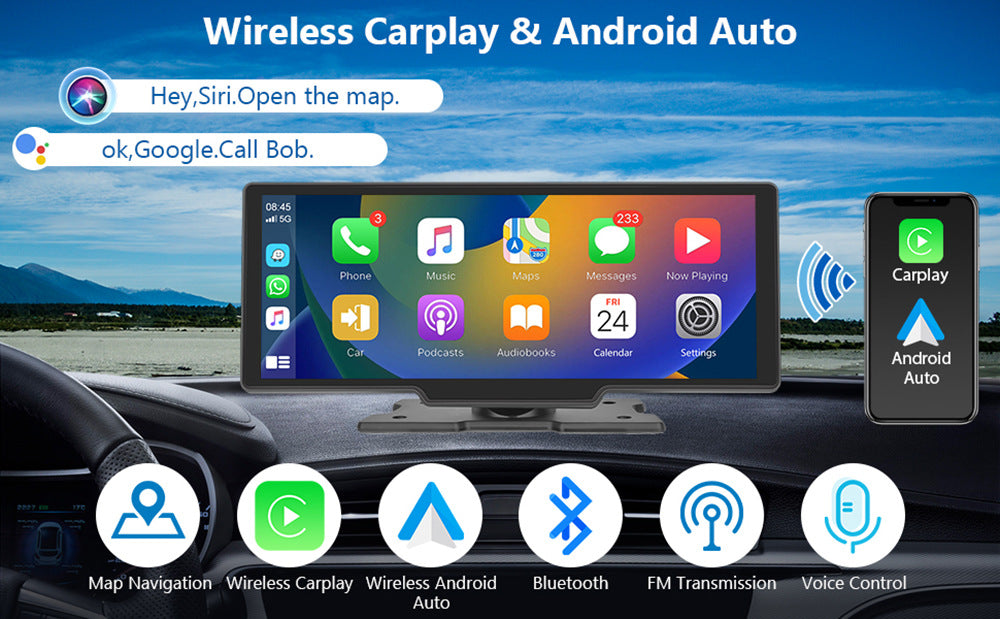 NOEIFEVO C200 10,26palcová obrazovka CarPlay, přenosné autorádio kompatibilní s Apple CarPlay & Android Auto, IPS dotyková obrazovka, 4K palubní kamera, 1080P zadní kamera, Siri, GPS navigace, Bluetooth, MirrorLink, FM